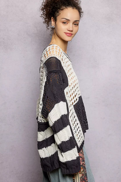 POL Color-Blocked Stripe Pattern Knit Top with Twisted Weave