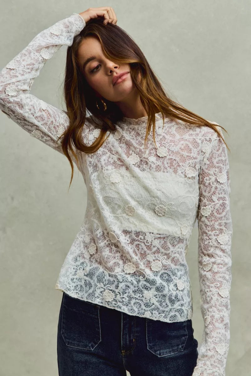 SO ME Lace Long Sleeve 3d Effect Floral Layering Top