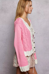 POL Button Down Cable-Knit Cardigan with Contrast Border Accents