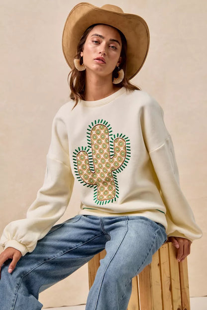 BiBi Cactus Embroidered Fleece Sweatshirt