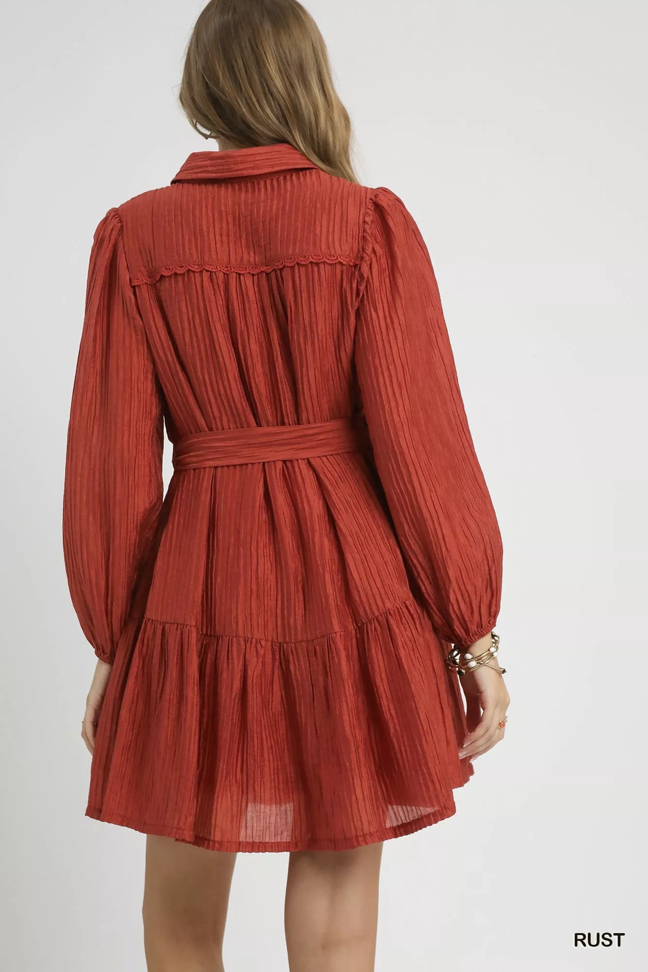 Umgee Crinkle Button-Front Tiered Mini Dress with Waist Tie