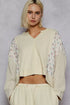 POL Mix Thermal Floral Pattern Quilted Knit Cropped Top with Raw Edge Detail