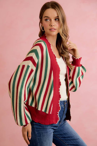 Christmas Open Front Knit Cardigan with Scalloped Edges
