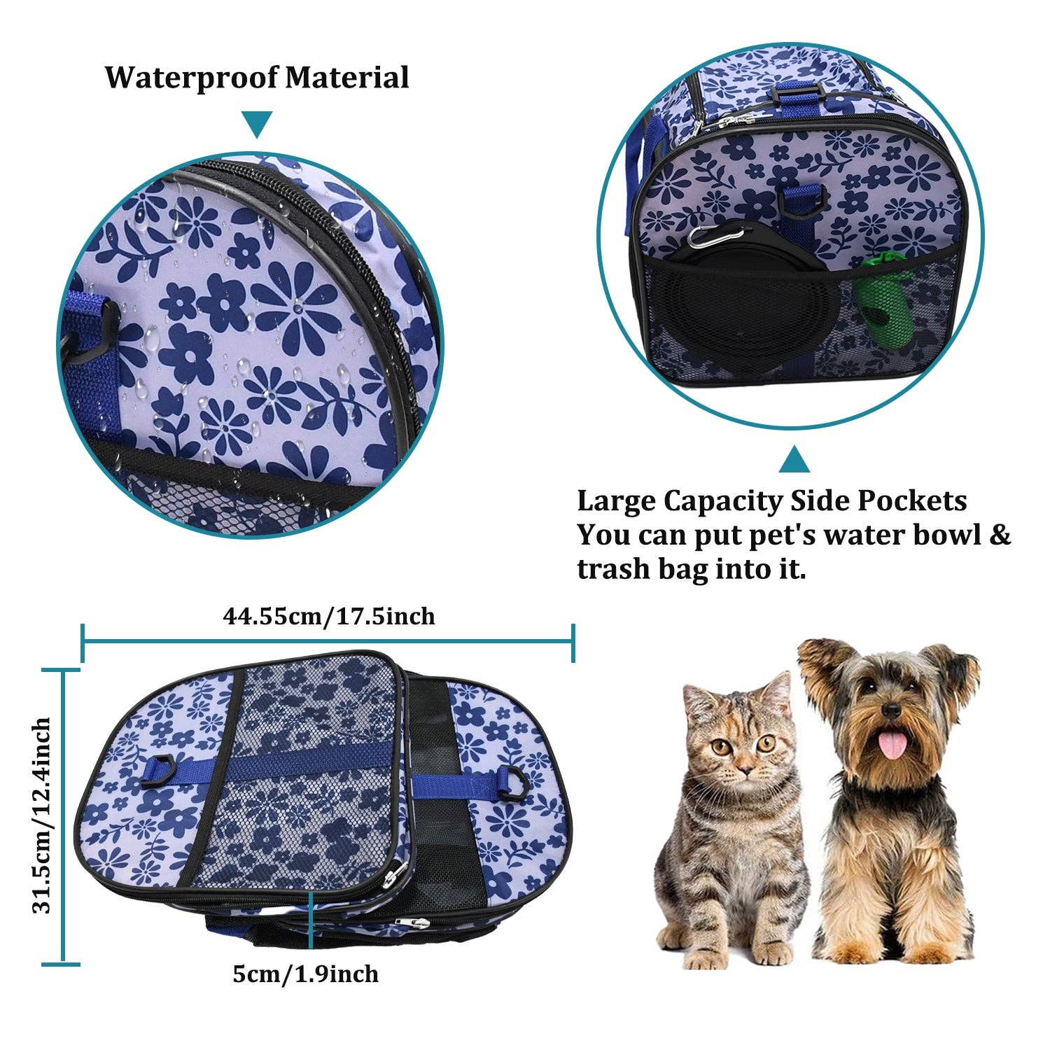 GOOPAWS Soft-Sided Small Dog Cat Carrier Bag, Floral Print Blue, 19&