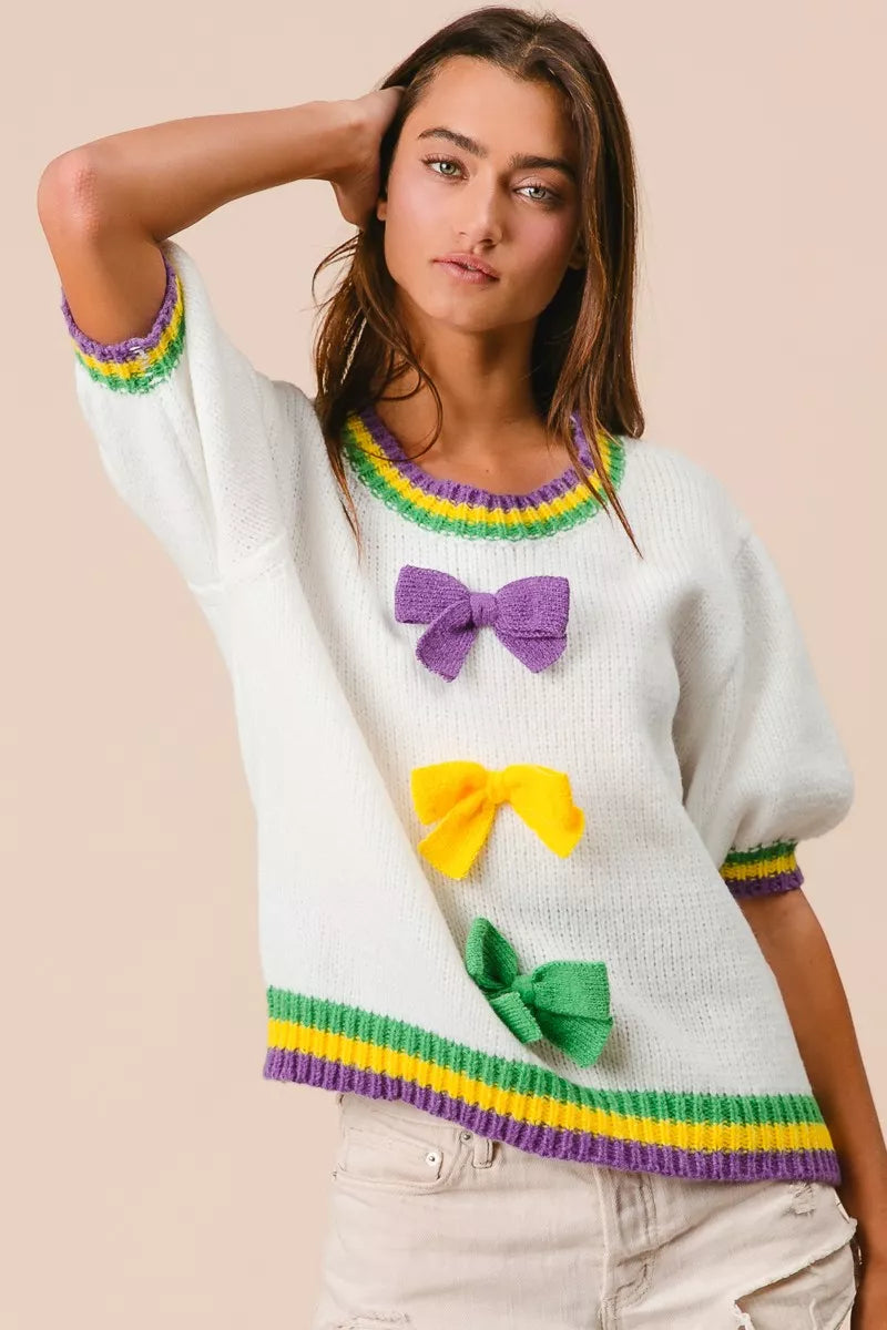 BiBi Short Puff Sleeve Ribbon Bow Mardi Gras Sweater
