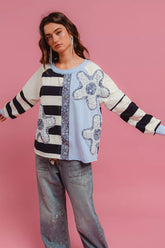 BiBi Patchwork Striped Round Neck Sweatshirt