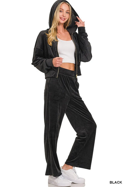Zenana Velvet Zip Up Hoodie and Pants Set