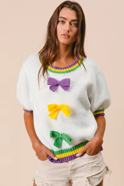 BiBi Short Puff Sleeve Ribbon Bow Mardi Gras Sweater