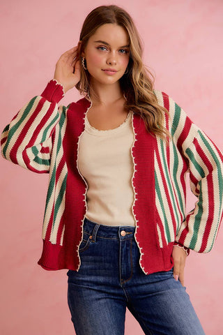 Christmas Open Front Knit Cardigan with Scalloped Edges