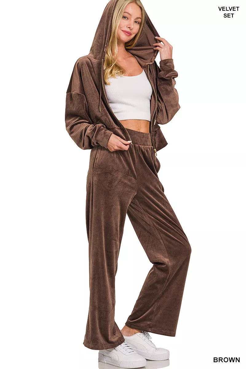 Zenana Velvet Zip Up Hoodie and Pants Set