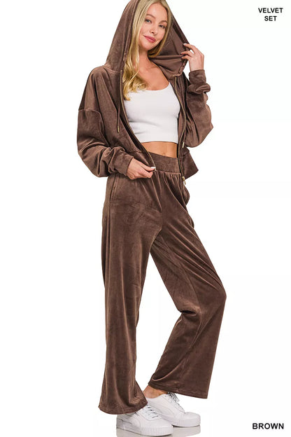 Zenana Velvet Zip Up Hoodie and Pants Set
