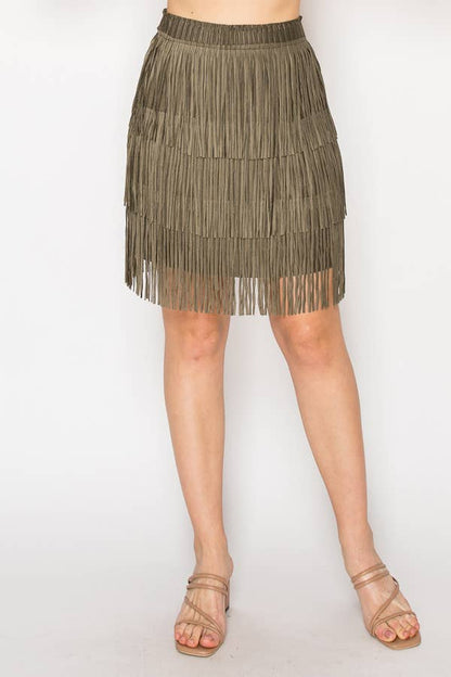 Olive Knee Length Layered Fringe Tiered Skirt
