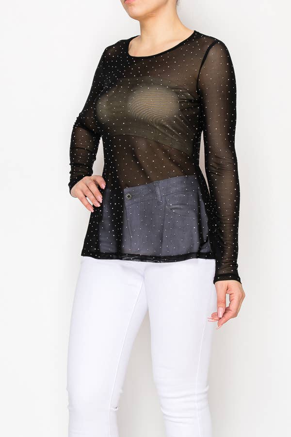 Sparkly Long Sleeve Sheer Mesh Top  – 4847BK