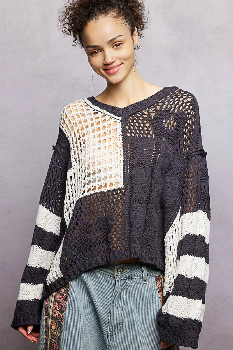 POL Color-Blocked Stripe Pattern Knit Top with Twisted Weave