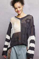 POL Color-Blocked Stripe Pattern Knit Top with Twisted Weave