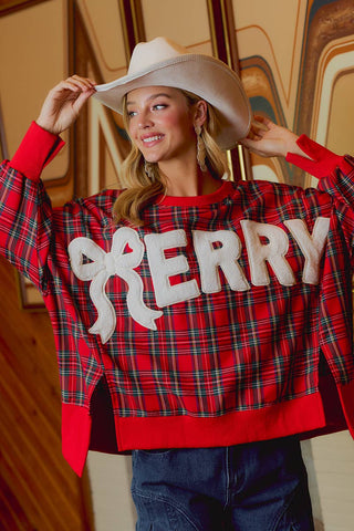 Christmas Tartan Plaid Merry Chenille Patch Sweatshirt