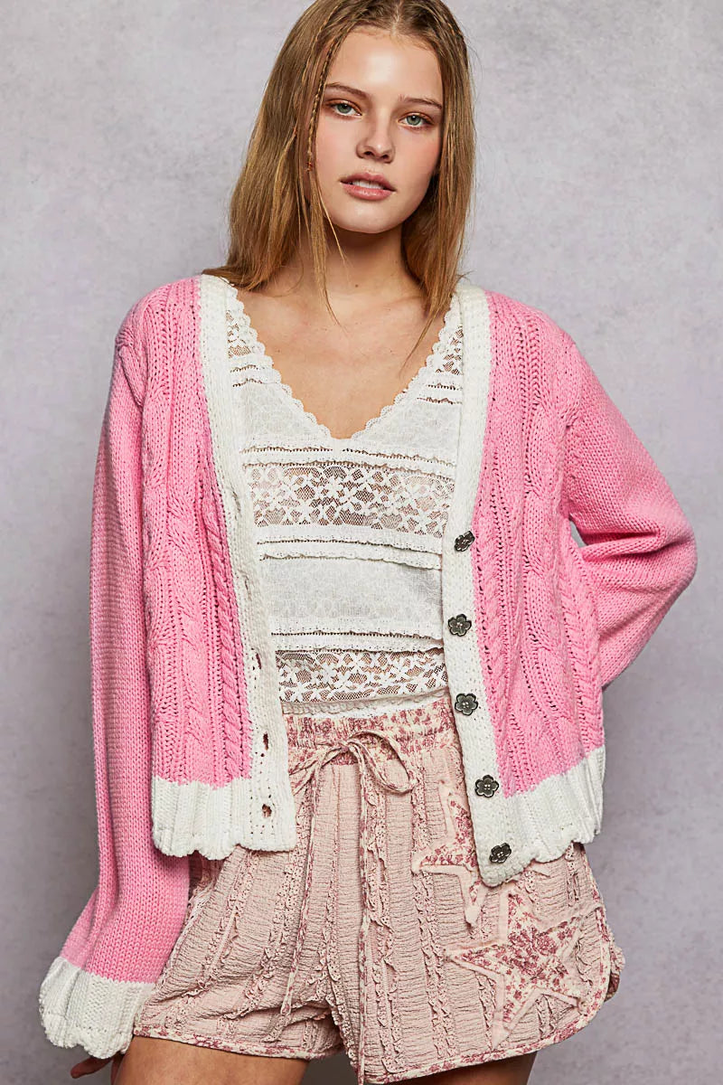 POL Button Down Cable-Knit Cardigan with Contrast Border Accents