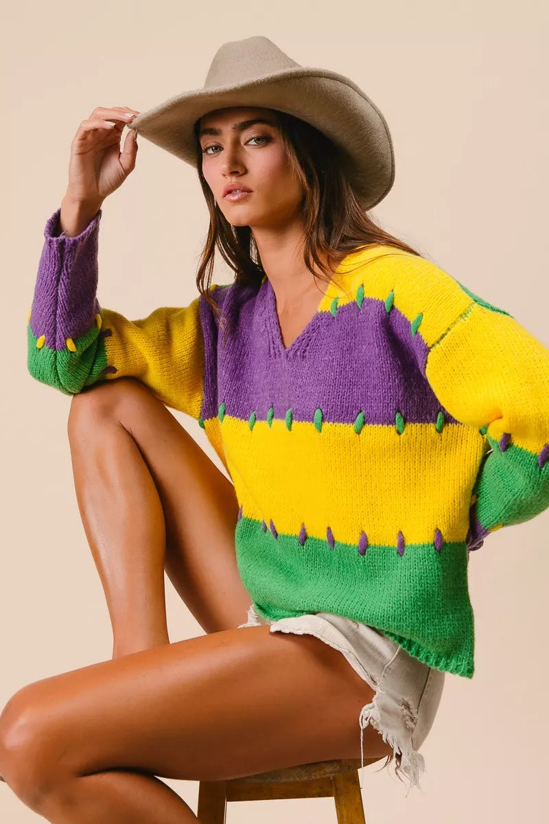 BiBi Stitch Detail Mardi Gras Stripes Sweater