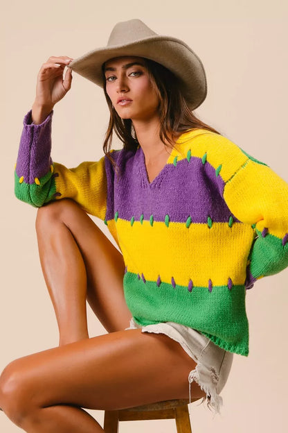 BiBi Stitch Detail Mardi Gras Stripes Sweater