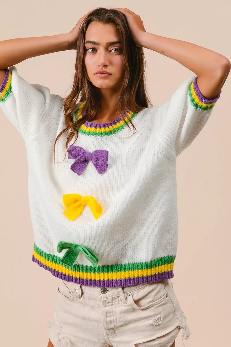 BiBi Short Puff Sleeve Ribbon Bow Mardi Gras Sweater