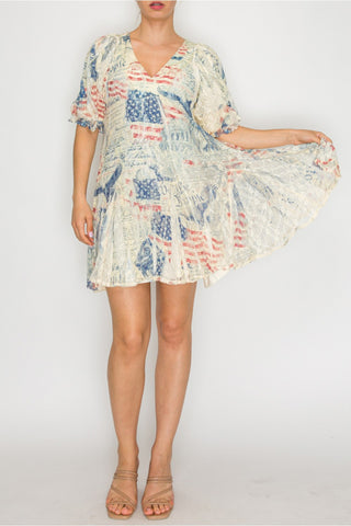 Vintage Americana Sparkle Lace Dress | Origami V-Neck Patriotic Lace Dress
