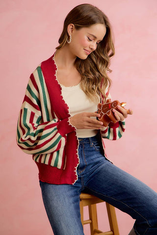 Christmas Open Front Knit Cardigan with Scalloped Edges