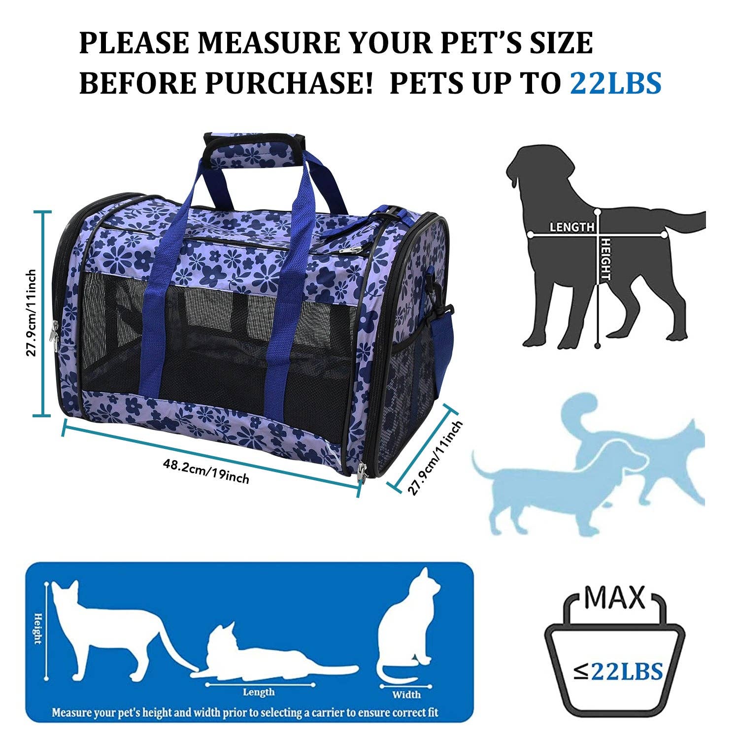 GOOPAWS Soft-Sided Small Dog Cat Carrier Bag, Floral Print Blue, 19&