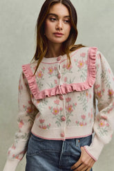 SO ME Flower With Ruffle Detailing Sweater Cardigan