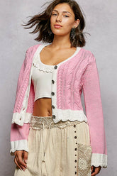POL Button Down Cable-Knit Cardigan with Contrast Border Accents