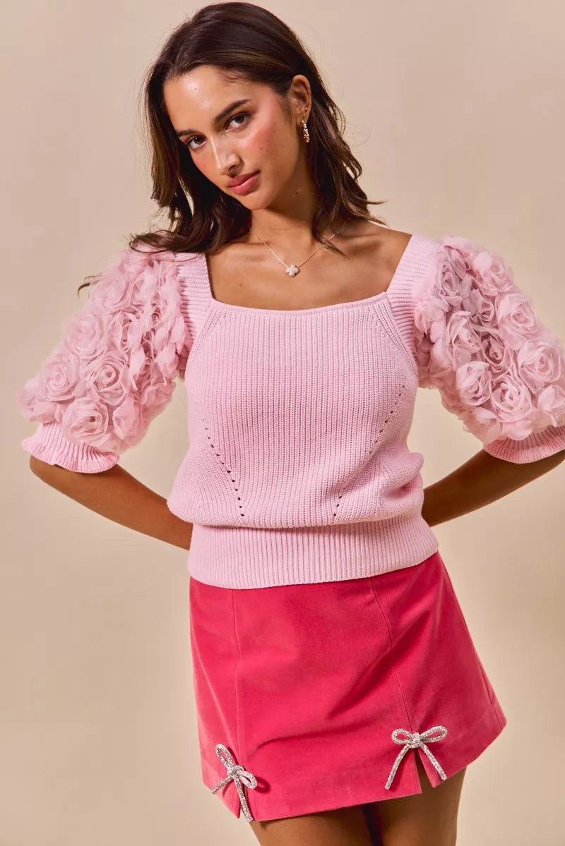 SO ME Rosette Sleeves Square Neck Sweater Knit Top