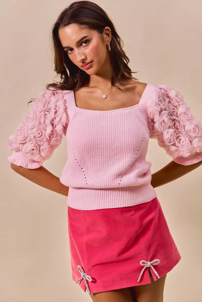 SO ME Rosette Sleeves Square Neck Sweater Knit Top
