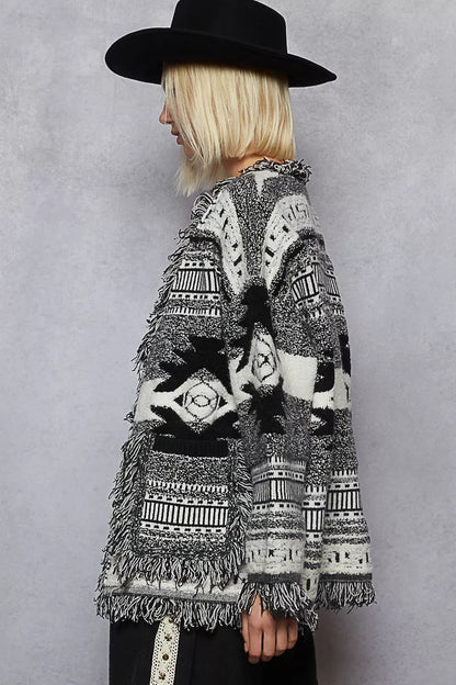 POL Open Front Geometric Print Cardigan with Fringe Detail