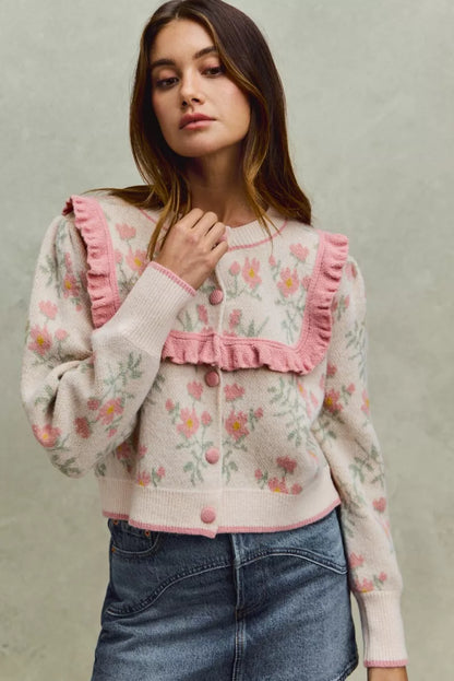 SO ME Flower With Ruffle Detailing Sweater Cardigan
