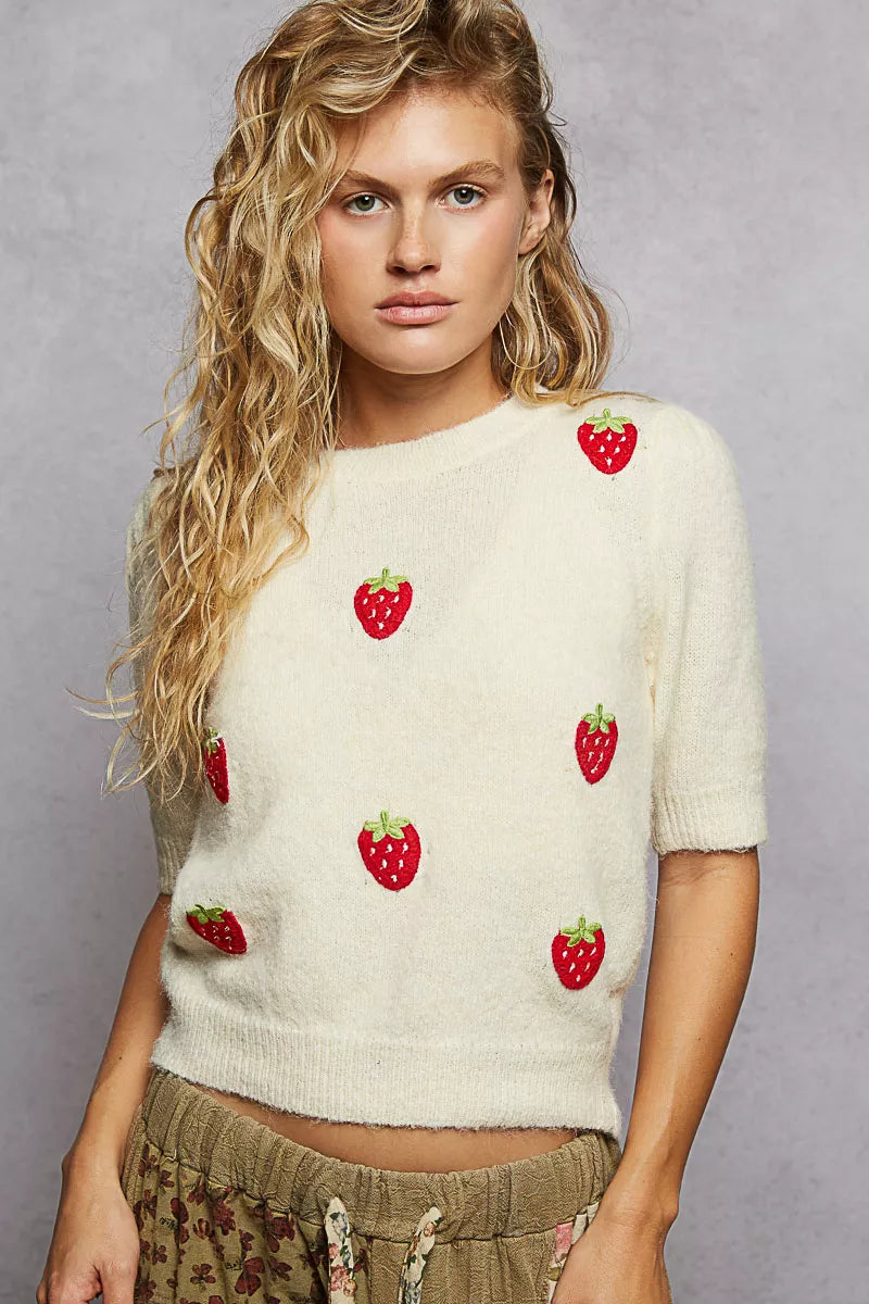 POL Round Neck Strawberry Patch Sweater with Shirring Shoulder
