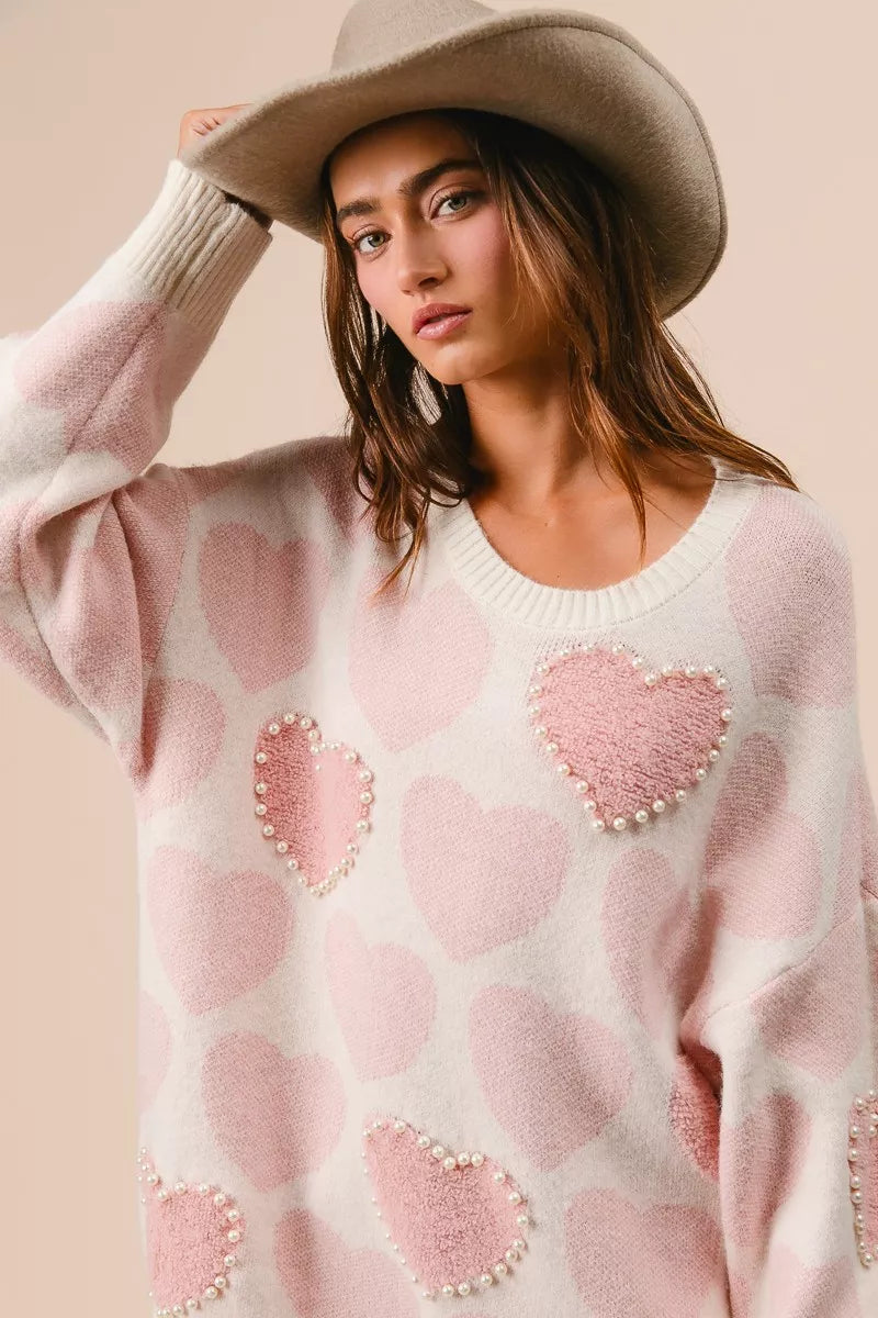 BiBi Heart Pattern Sweater with Pearl Detail
