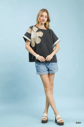 Umgee French Terry Top with Flower Patch