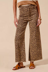 SO ME Mid Rise Leopard Twill Frayed Hem Wide Leg Pants