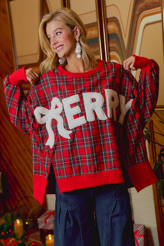 Christmas Tartan Plaid Merry Chenille Patch Sweatshirt