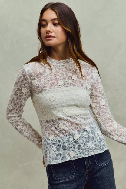 SO ME Lace Long Sleeve 3d Effect Floral Layering Top