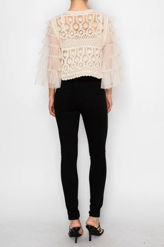CROCHET CROPPED CARDIGAN WITH TIERED MESH SLEEVES OLS-4941: Black / S/M