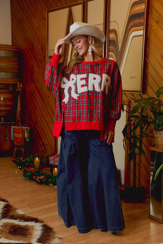 Christmas Tartan Plaid Merry Chenille Patch Sweatshirt