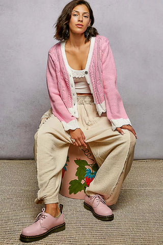 POL Button Down Cable-Knit Cardigan with Contrast Border Accents