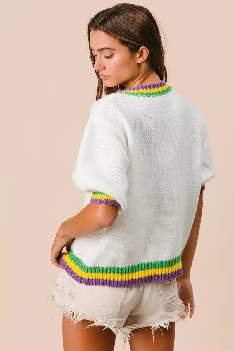 BiBi Short Puff Sleeve Ribbon Bow Mardi Gras Sweater