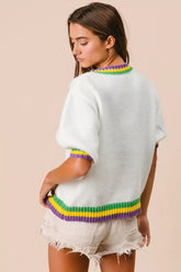 BiBi Short Puff Sleeve Ribbon Bow Mardi Gras Sweater