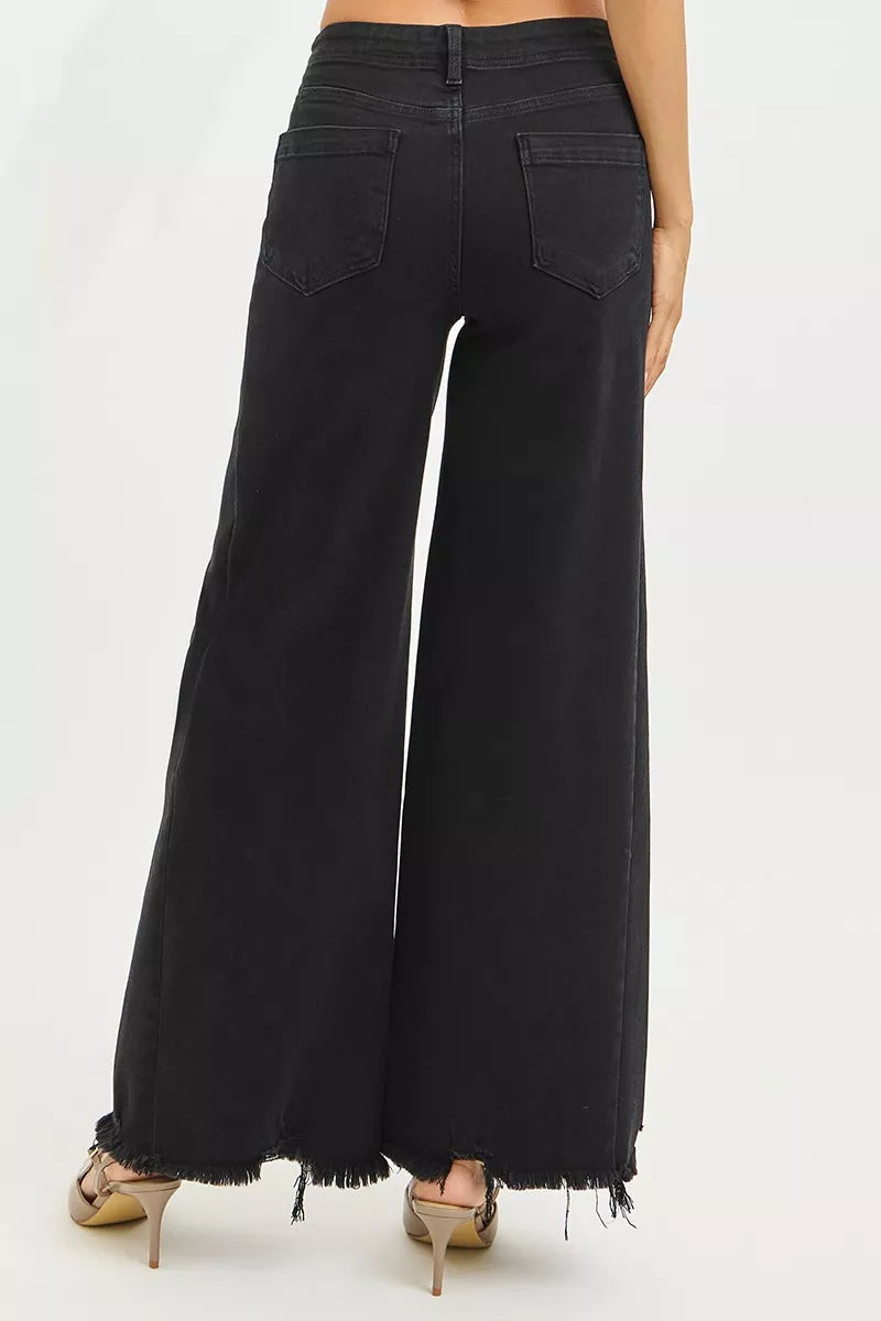 RISEN Tummy Control High Rise Palazzo Leg Frayed Hem Jeans