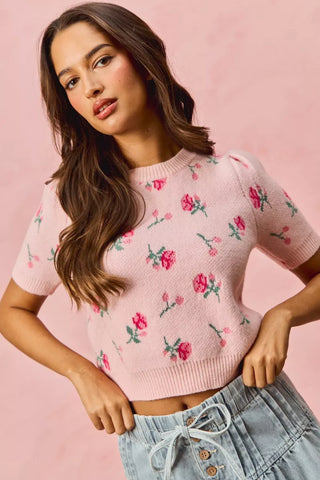 SO ME Floral Pattern Knit Puff Sleeves Sweater Top
