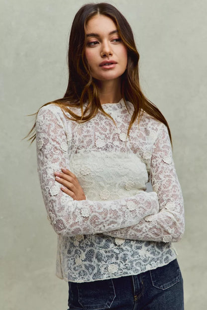 SO ME Lace Long Sleeve 3d Effect Floral Layering Top