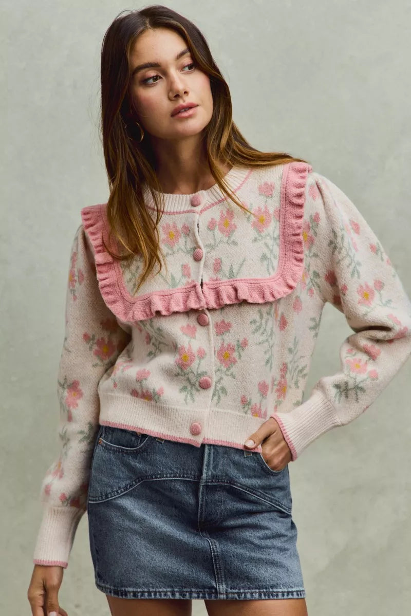 SO ME Flower With Ruffle Detailing Sweater Cardigan