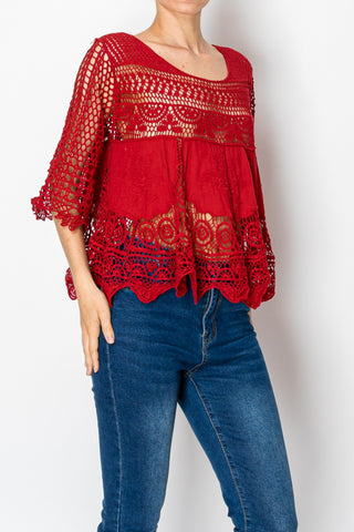 Red Hot Statement Crochet Top by Origami| Oversized Lace Boho Blouse