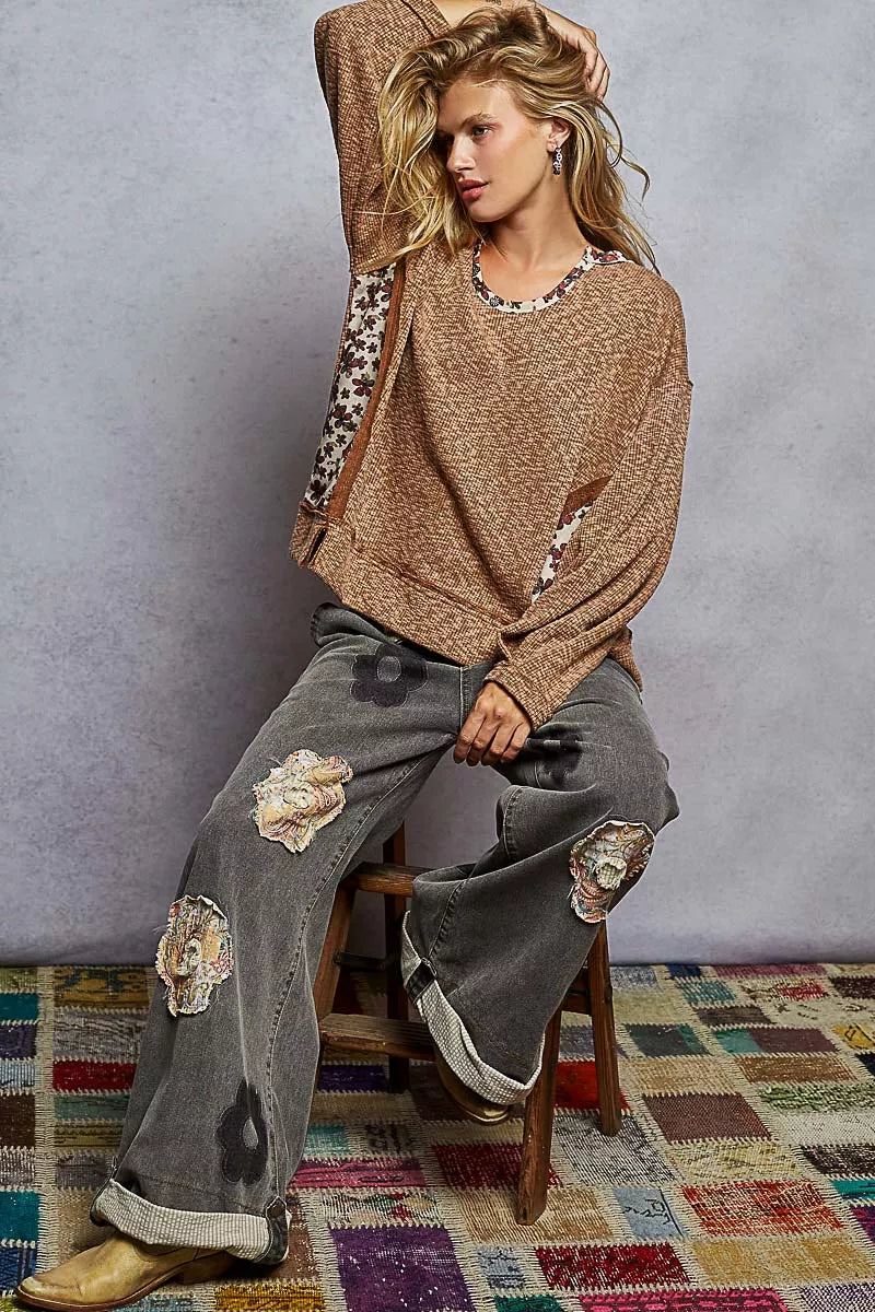 POL Balloon Sleeve Oversized Ribbed Top with Floral Pattern Contrast